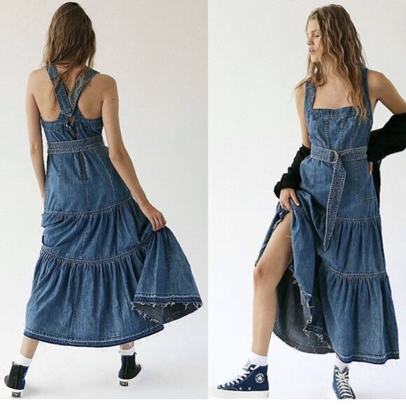Free People Rare Sierra Madre Denim Tiered Overall/Skirtall Maxi Dress Sz 6 - Picture 1 of 13